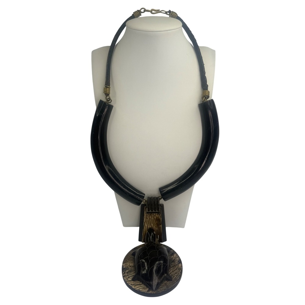 Handcrafted Sea Turtle Statement Necklace Carved Horn Style Black Gold Boho Y2K